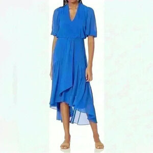 NWT Taylor Royal Blue Azure Chiffon V Neck High Low Women’s Midi Dress Size 2
